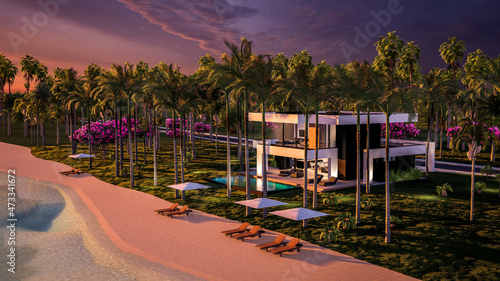 3d rendering of modern cozy house with pool and parking for sale or rent in luxurious style by the sea or ocean. Sunset evening by the azure coast with palm trees and flowers in tropical island © korisbo