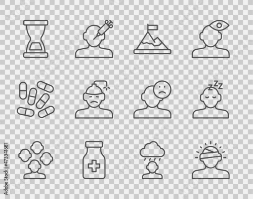 Set line Schizophrenia, Concussion, headache, Mountains with flag top, Sedative pills, Old hourglass, Depression and frustration and Dreams icon. Vector