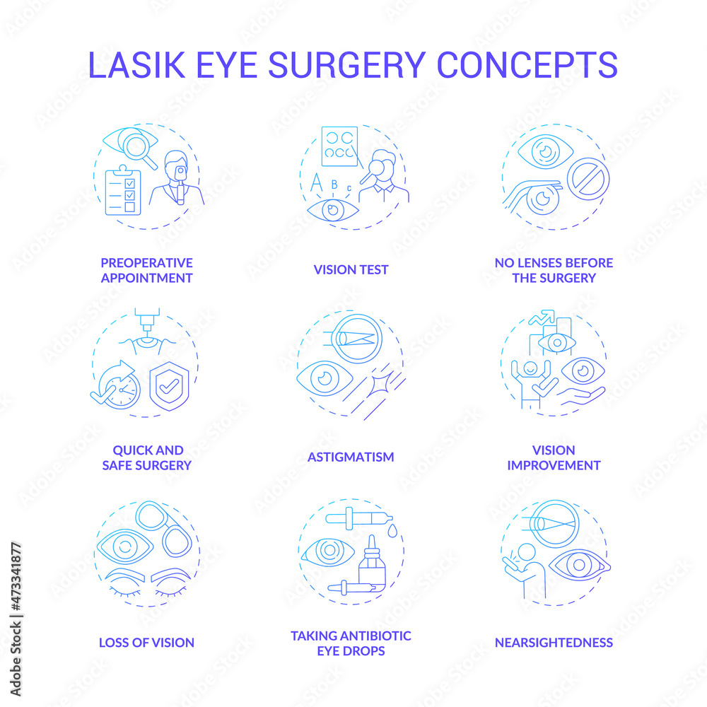 Laser eye surgery concepts gradient concept icons set. Eyesight improvement operation. Ophthalmologist visit for vision treatment idea thin line color illustrations. Vector isolated outline drawings