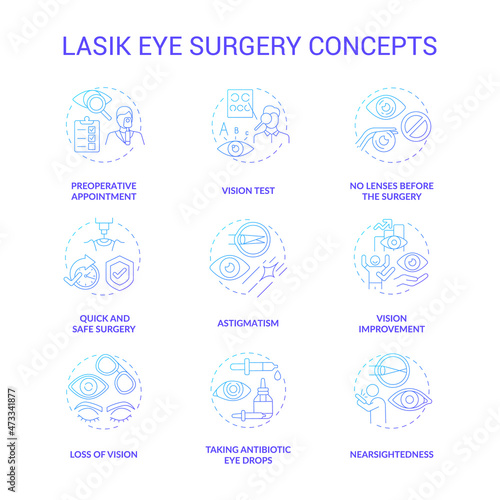 Laser eye surgery concepts gradient concept icons set. Eyesight improvement operation. Ophthalmologist visit for vision treatment idea thin line color illustrations. Vector isolated outline drawings