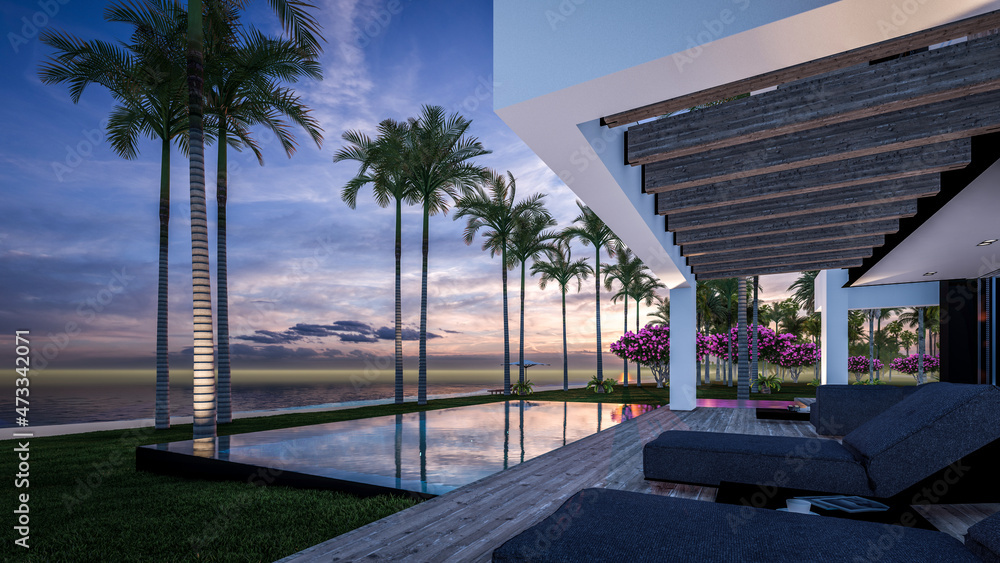 Fototapeta premium 3d rendering of modern cozy house with pool and parking for sale or rent in luxurious style by the sea or ocean. Sunset evening by the azure coast with palm trees and flowers in tropical island