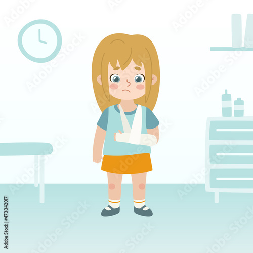 Sad girl in a cast in a medical office. Upset kid with broken hand in gypsum in hospital.