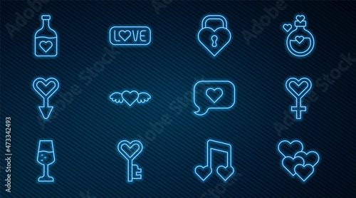 Set line Heart, Female gender symbol, Castle in the shape of heart, with wings, Bottle love potion, speech bubble and Love text icon. Vector