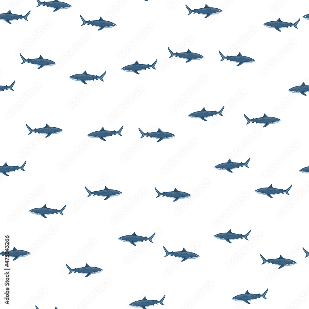 Seamless pattern Tiger shark isolated on white background. Blue texture of marine fish for any purpose. Seamless pattern Tiger shark isolated on white background. Blue texture of marine fish for any purpose.