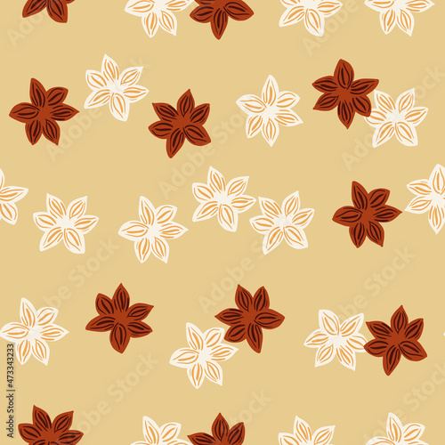 Seamless pattern sanise on beige background. Vector repeat template spice in doodle style. Hand drawn elements nature texture for fabric