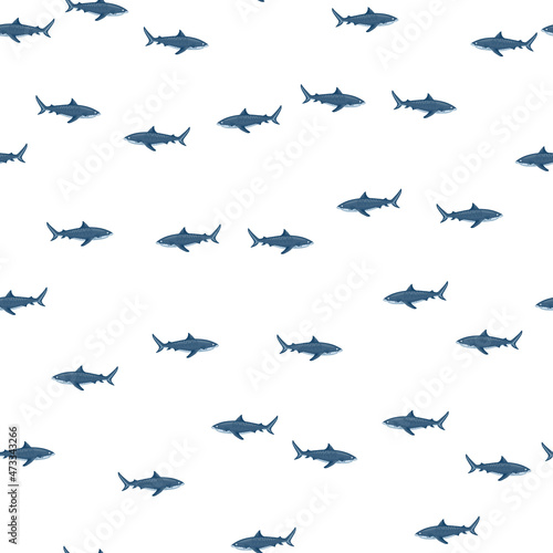 Seamless pattern Tiger shark isolated on white background. Blue texture of marine fish for any purpose.