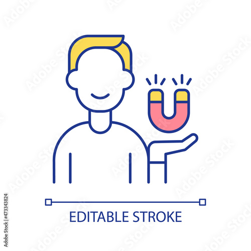 Person with magnet RGB color icon. Attracting customers, investments, partners. Education and science item. Isolated vector illustration. Simple filled line drawing. Editable stroke