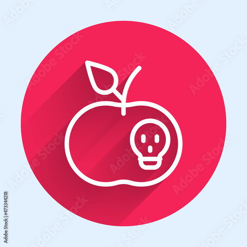 White line Poison apple icon isolated with long shadow background. Poisoned witch apple. Red circle button. Vector