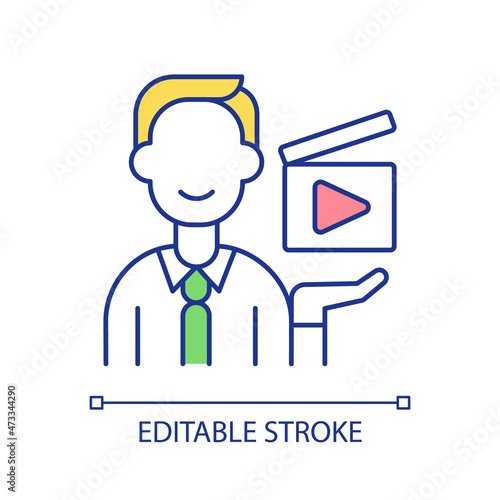 Teaser campaign to present startup RGB color icon. Business video promoting campaign. Company development strategy. Isolated vector illustration. Simple filled line drawing. Editable stroke