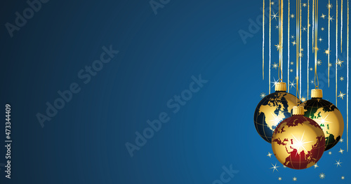 Beautiful globes balls on a blue festive christmas background banner. Vector illustration.