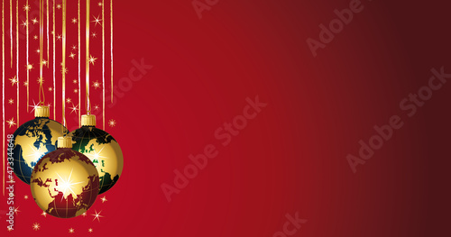 Beautiful globes balls on a red festive christmas background banner. Vector illustration.	