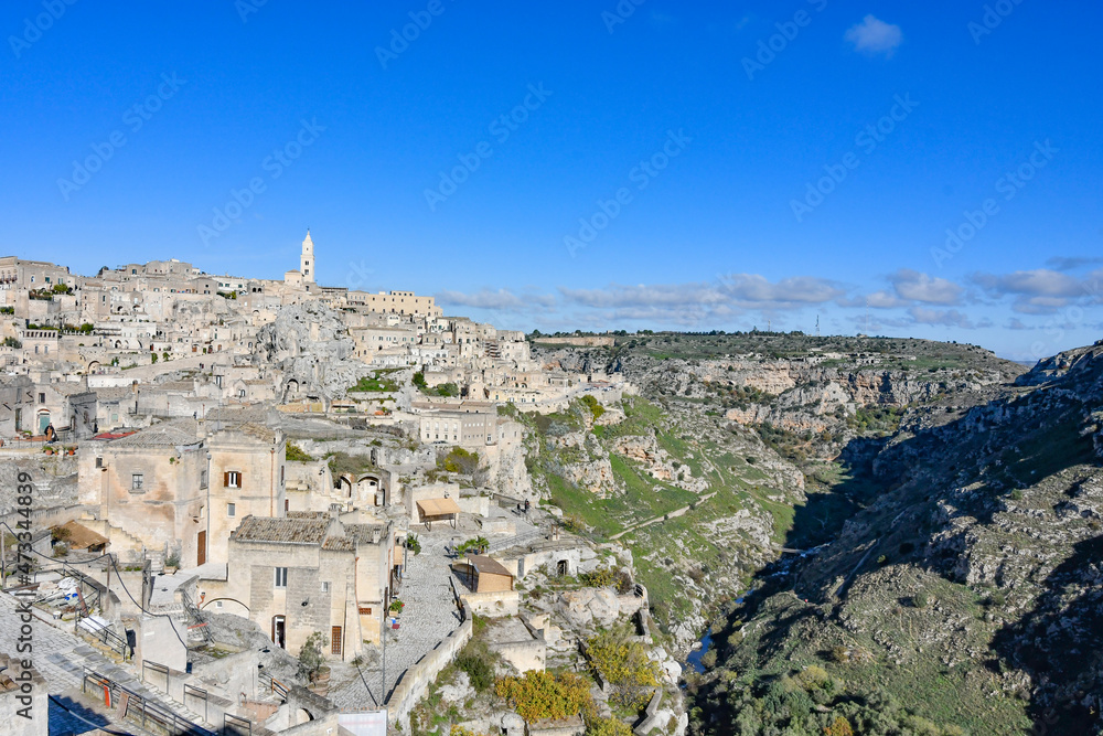 Obraz premium View of Matera, an ancient city built into the rock. It is located in the Basilicata region, Italy.
