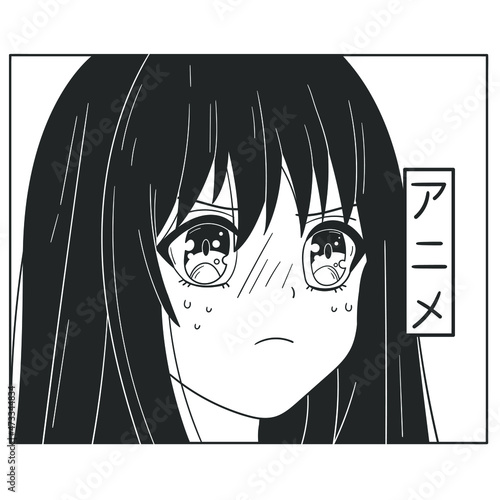 Anime poster. Kawaii girl face in manga style. Japan vector anime print. Black and white character for tattoo