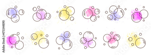 Bubbles icon set. Soap foam, soap bubbles. Vector illustrations. Soap bubbles shapes doodle set. Watercolor