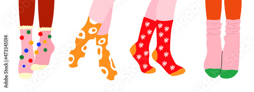 Collection of stylish socks with different textures isolated on white background. Bundle of trendy clothing items. Flat vector illustration