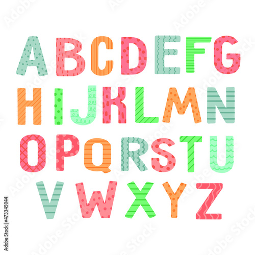 Vector funny colorful alphabet. Cute vector English alphabet. Vector illustration
