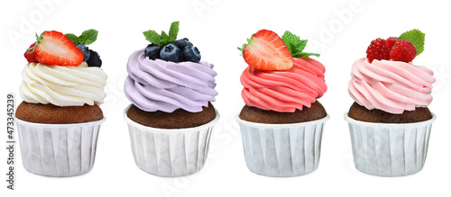 Set with delicious cupcakes on white background. Banner design