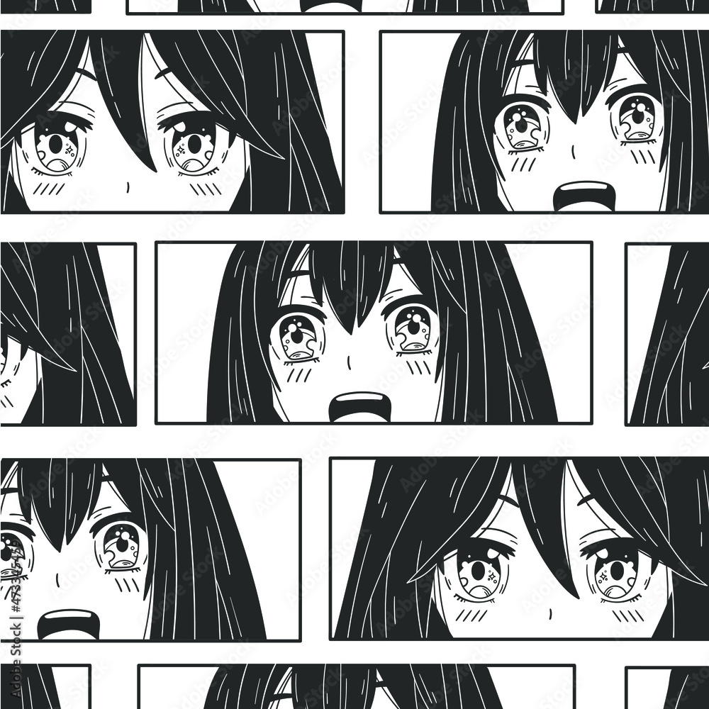Black and white Manga style. Anime characters. Vector seamless pattern ...
