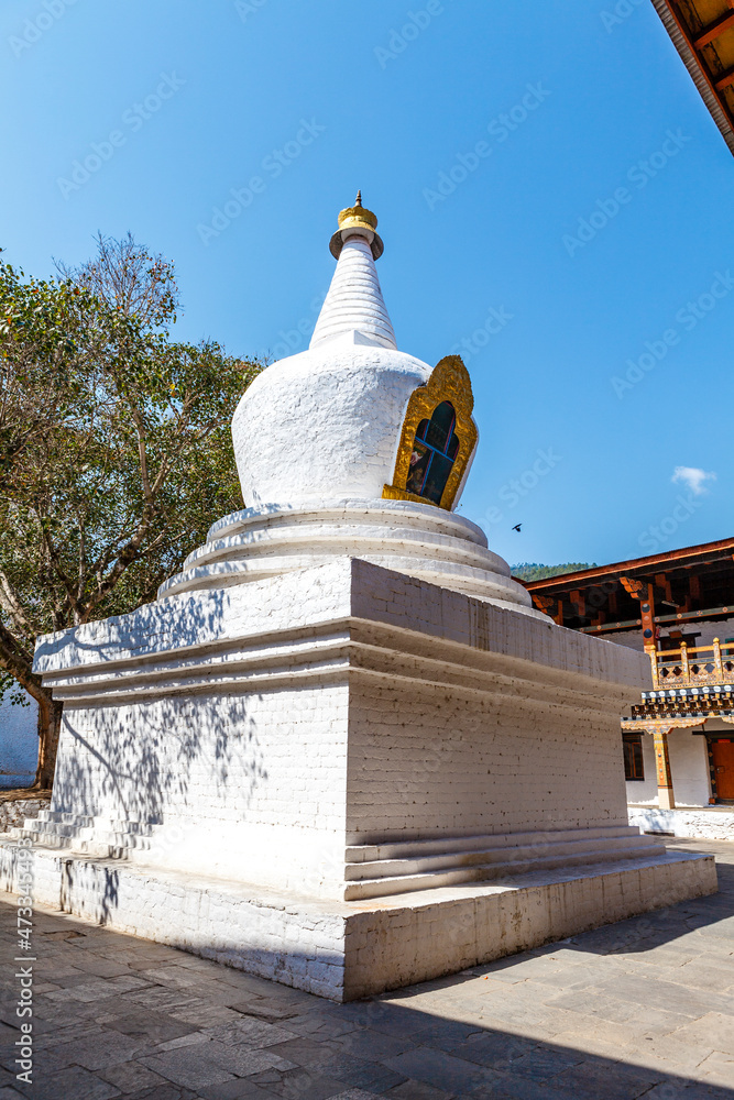 White stupa inside of the Punakha Dzong, Punakha, Bhutan, Asia