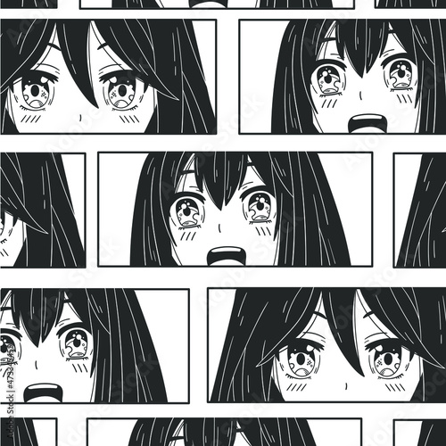 Black and white Manga style.  Anime characters.  Vector seamless pattern. Wallpaper.  Background