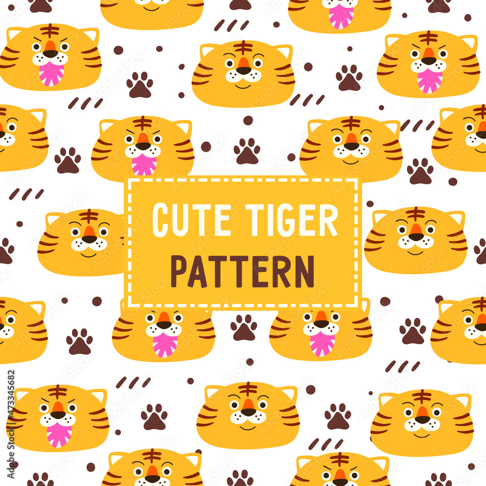 Obraz premium Cheerful cute tigers. Seamless vector pattern on a white background
