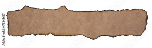 Burnt piece of kraft paper isolated on white background.