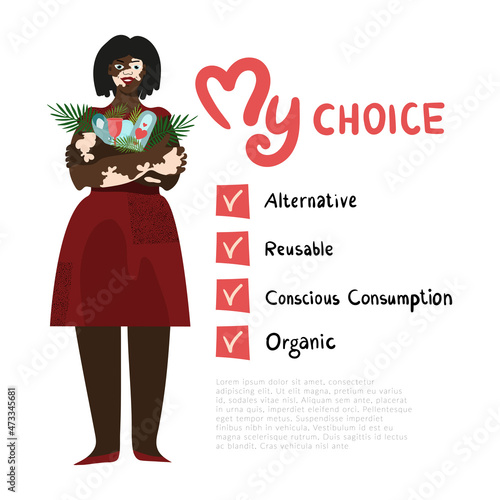 Young African-American girl with vitiligo skin. Illustration manifesto choice of environmental friendliness.