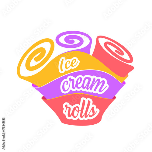 Colourful Thai ice cream roll logo design. Playful Fried ice cream rolls wrapped together in layers as logo vector with place for company name. Delicious dessert illustration for cafe and restaurant