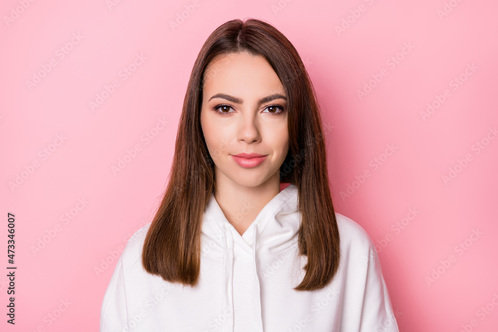 Fototapeta premium Photo of young attractive girl happy positive smile confident calm isolated over pink color background