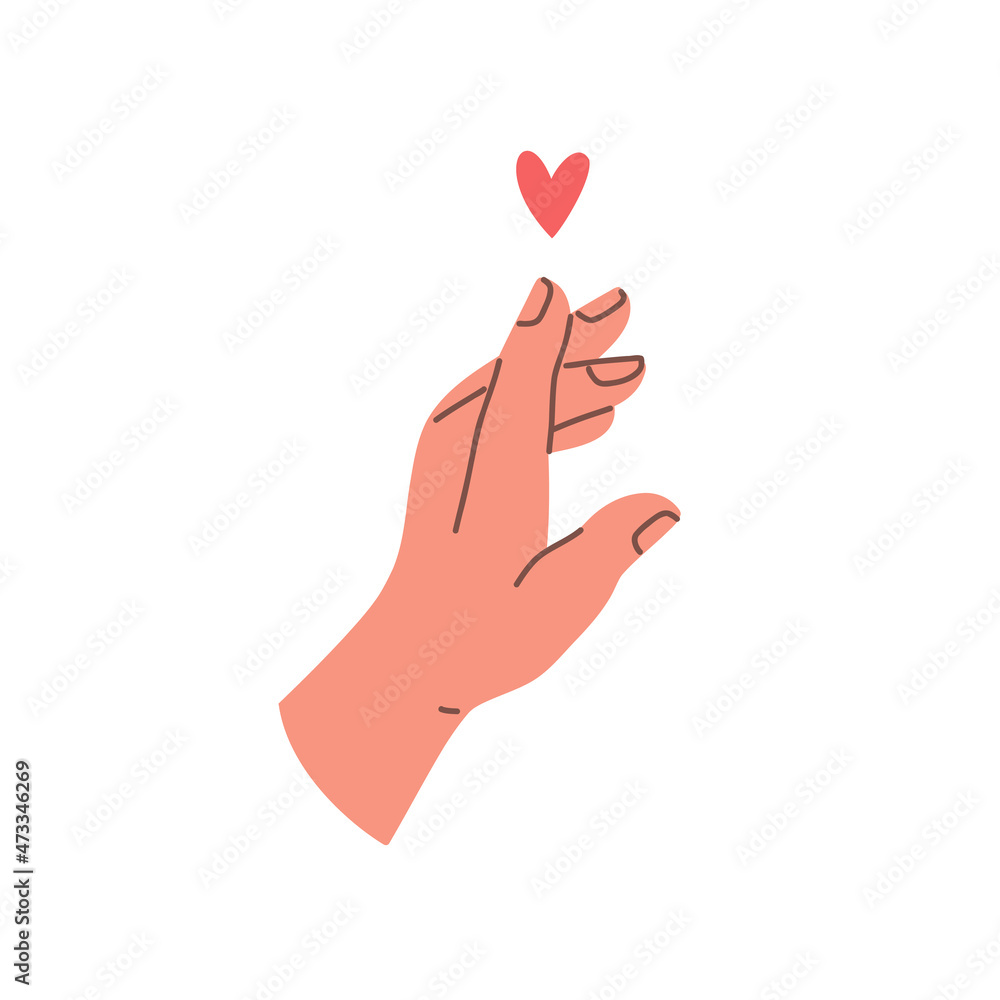 Hand gesture expressing love. Pointing finger and red heart. Vector flat illustration Hand gesture expressing love. Pointing finger and red heart. Vector flat illustration