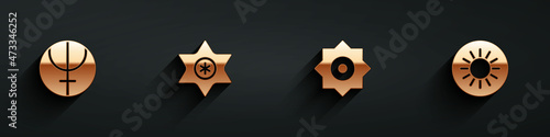 Set Neptune planet, Falling star, and Sun icon with long shadow. Vector