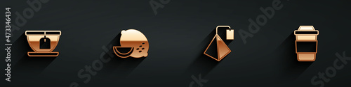 Set Cup with tea bag, Lemon, Tea and of icon with long shadow. Vector