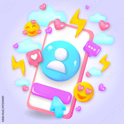 3D Online Social media communication platform concept. Comment and Follower. Phone with emoji, comment, love, like. 3d render illustration