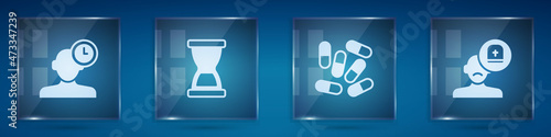Set Insomnia, Old hourglass, Medicine pill or tablet and Male doctor. Square glass panels. Vector