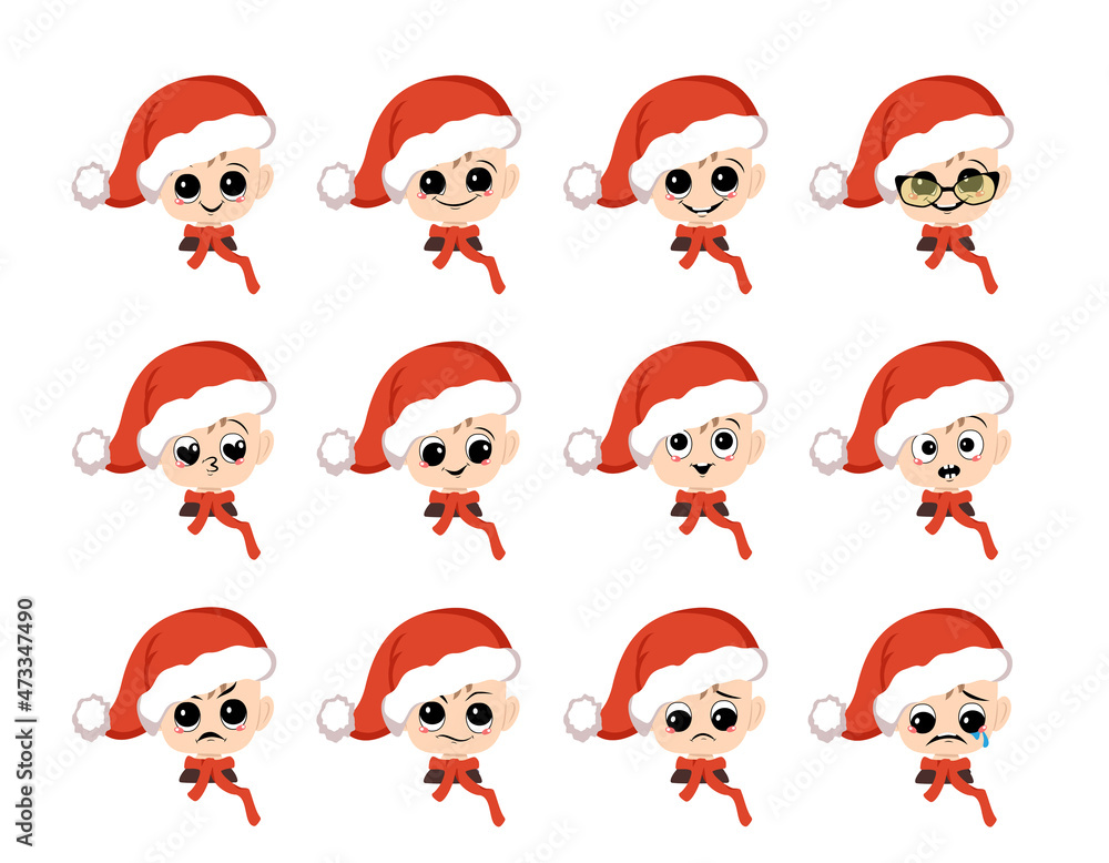 Boy with big eyes and different emotions in red Santa hat. Cute kid with joyful or sad face in festive costume for New Year and Christmas. Head of adorable child Boy with big eyes and different emotions in red Santa hat. Cute kid with joyful or sad face in festive costume for New Year and Christmas. Head of adorable child