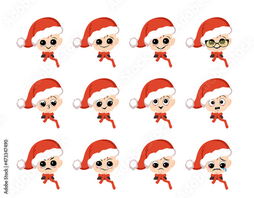 Boy with big eyes and different emotions in red Santa hat. Cute kid with joyful or sad face in festive costume for New Year and Christmas. Head of adorable child