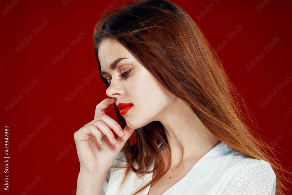 fashionable woman with red lips in red white dress isolated background fashionable woman with red lips in red white dress isolated background