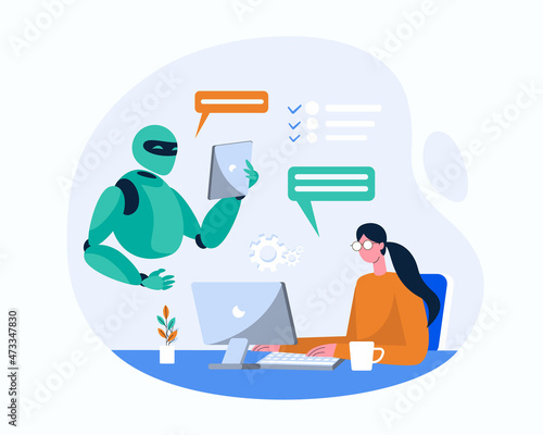Work with robot, Robot chat with human. Artificial intelligence works illustration concept vector