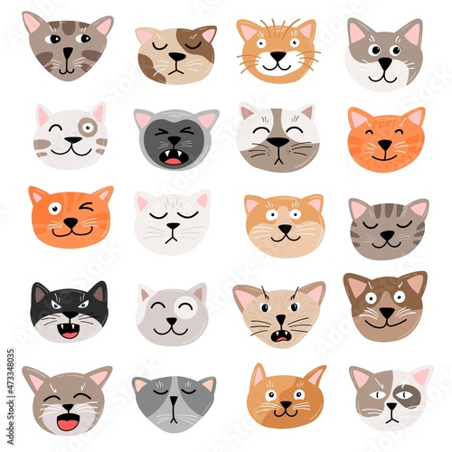 Funny cats face emotions. Hand draw vector illustration. Animals emtion set. Cute cat characters head, happy and angry, sad and haughty mood.