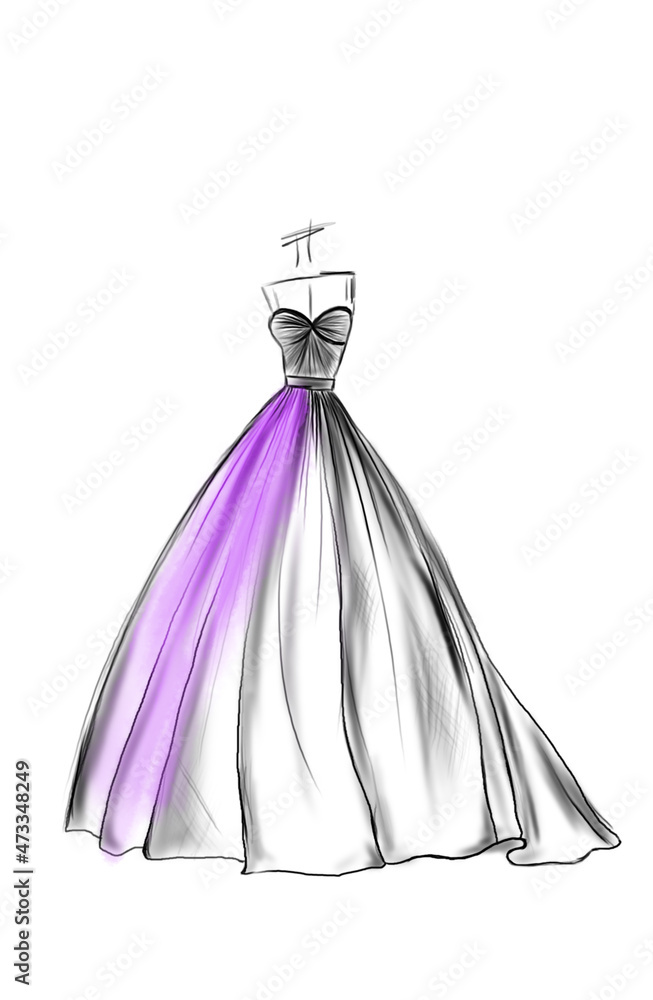Fashion sketch. Stylish dress on mannequin against white background, illustration