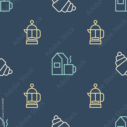 Set line Croissant, French press and Cup of tea with milk on seamless pattern. Vector