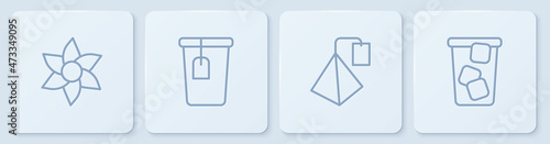 Set line Flower, Tea bag, Cup with tea and Ice. White square button. Vector