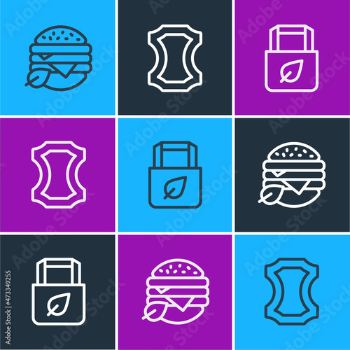 Set line Vegan food diet, Shopping bag with recycle and Leather icon. Vector