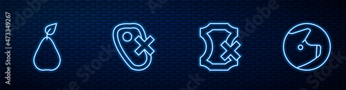 Set line No leather, Pear, meat and Pig. Glowing neon icon on brick wall. Vector
