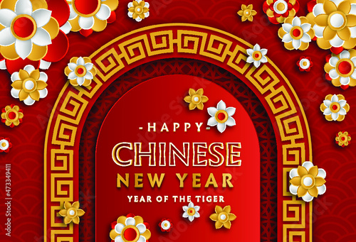 chinese new year background with flower and asian ornament premium vectors