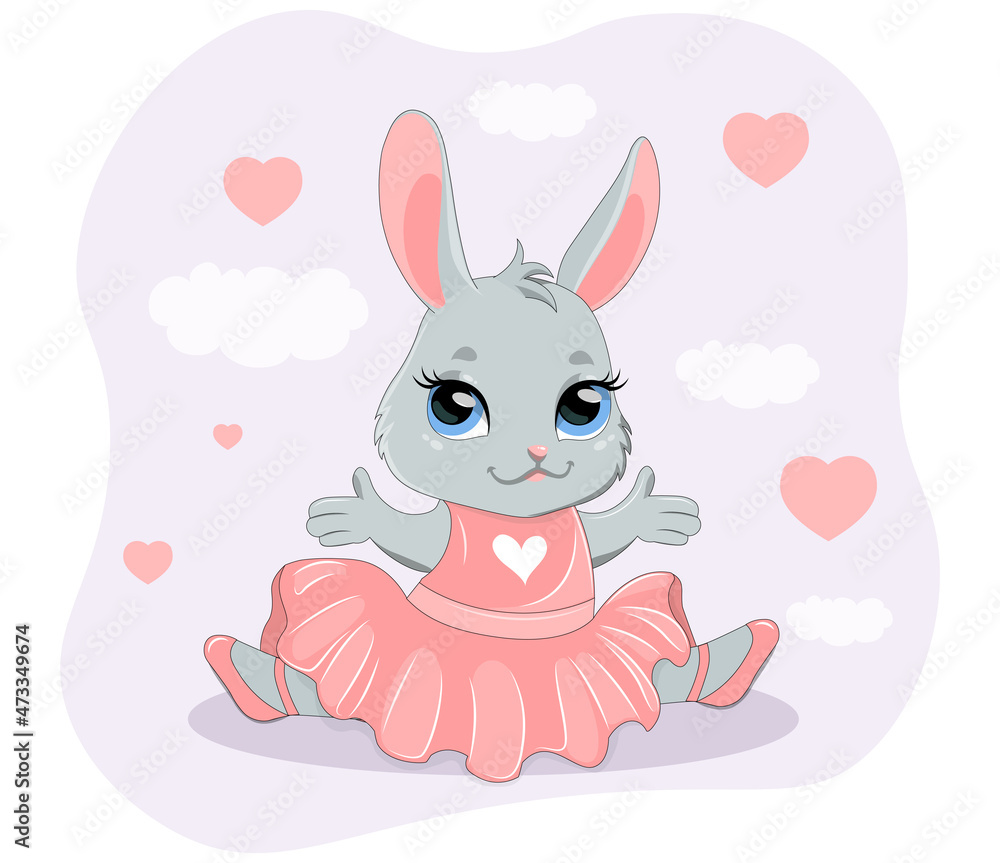 Cute baby bunny ballerina. Little rabbit in pink tutu and pointe shoes sitting on twine. Wild animal dancing. Design element for printing on children clothing. Cartoon flat vector illustration Cute baby bunny ballerina. Little rabbit in pink tutu and pointe shoes sitting on twine. Wild animal dancing. Design element for printing on children clothing. Cartoon flat vector illustration