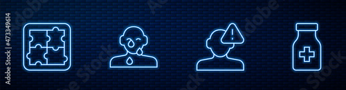 Set line Finding a problem in psychology, Solution, Tear cry eye and Sedative pills. Glowing neon icon on brick wall. Vector