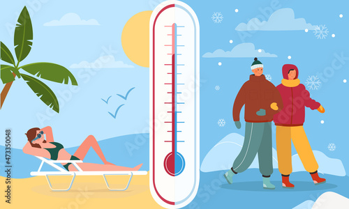Hot and cold weather concept. Woman in swimsuit sunbathing in sun or couple in warm clothes walking on ice. Thermometer with low or high temperature. Winter or summer. Cartoon flat vector illustration