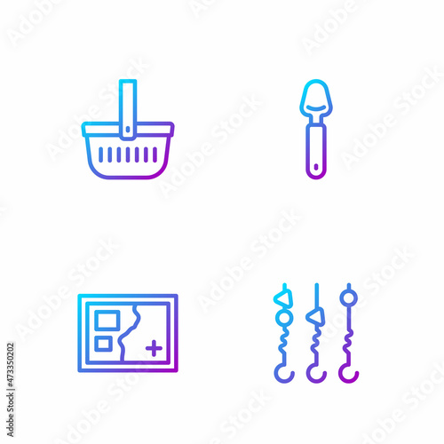 Set line Grilled shish kebab on skewer, Folded map, Picnic basket and Spoon. Gradient color icons. Vector