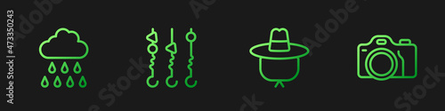 Set line Camping hat, Cloud with rain, Grilled shish kebab on skewer and Photo camera. Gradient color icons. Vector
